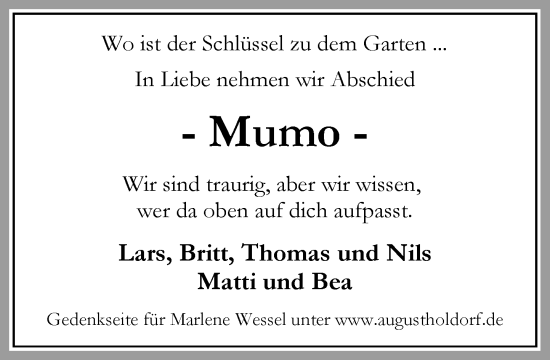 Traueranzeige von Marlene Wessel von Umschau