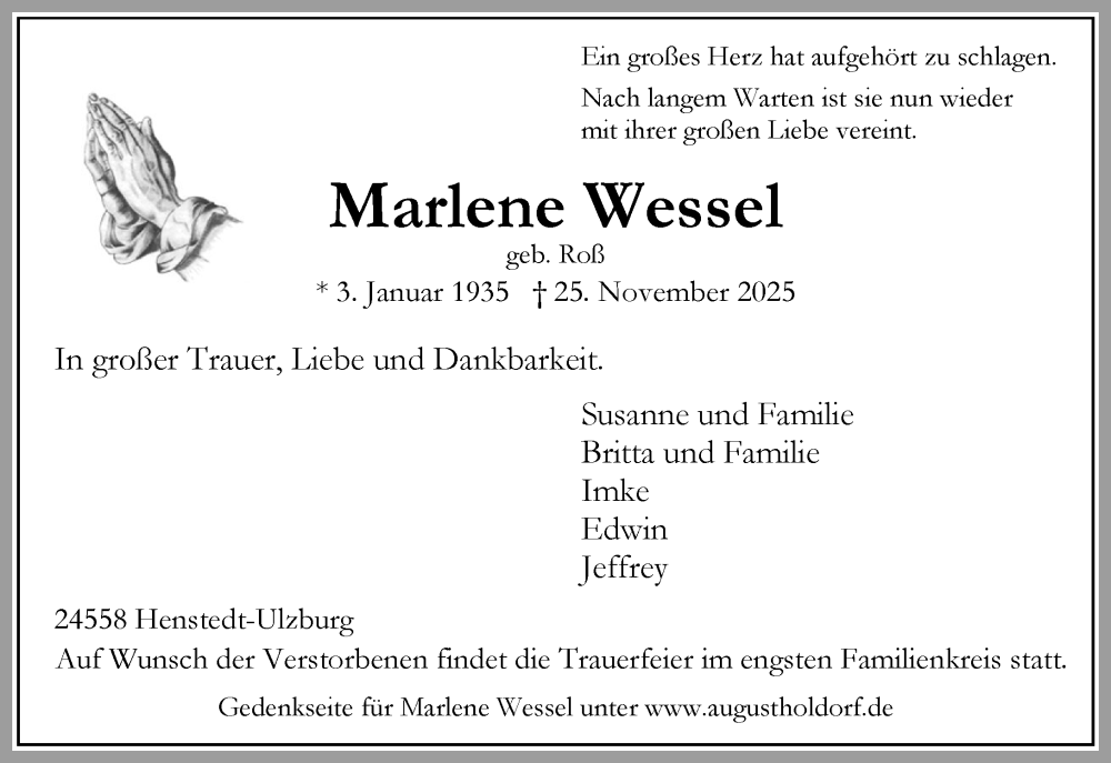  Traueranzeige für Marlene Wessel vom 06.12.2025 aus Umschau