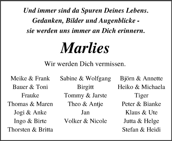 Traueranzeige von Marlies  von Schleswig-Holsteinische Landeszeitung