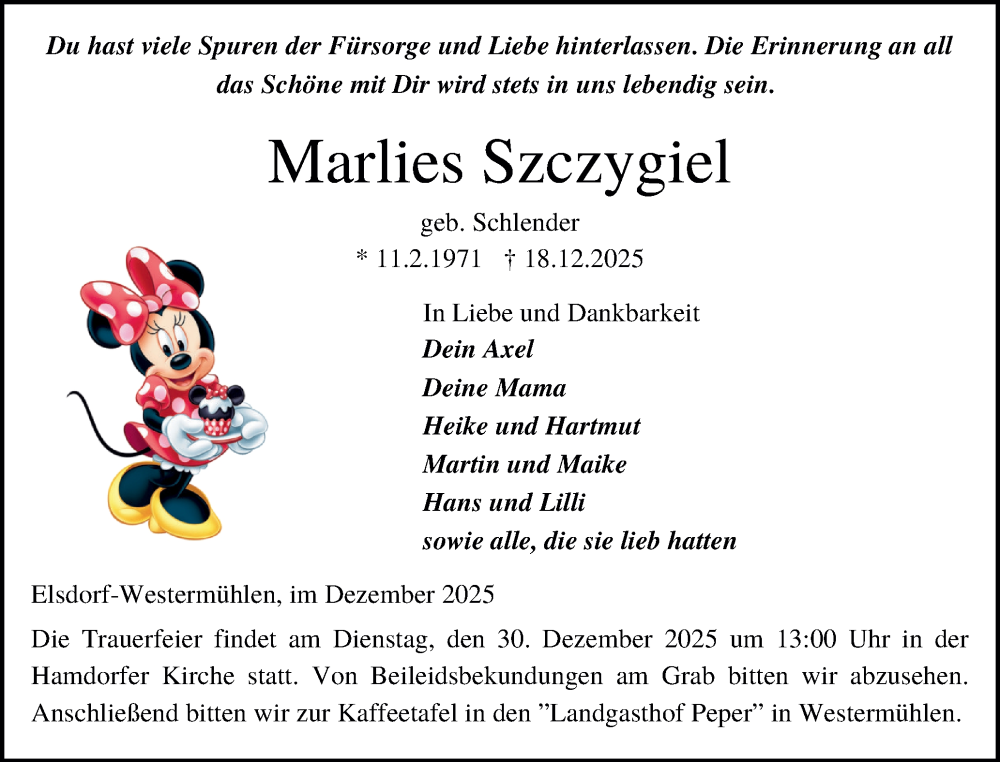  Traueranzeige für Marlies Szczygiel vom 27.12.2025 aus Schleswig-Holsteinische Landeszeitung
