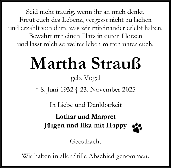 Traueranzeige von Martha Strauß von Wochenend Anzeiger