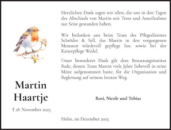 Traueranzeige von Martin Haartje von Wedel-Schulauer Tageblatt, tip Wedel-Schulauer Tageblatt, tip Rissener Rundschau