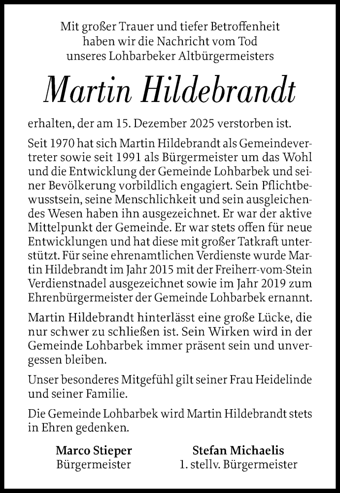  Traueranzeige für Martin Hildebrandt vom 20.12.2025 aus Norddeutsche Rundschau, Wilstersche Zeitung, Glückstädter Fortuna