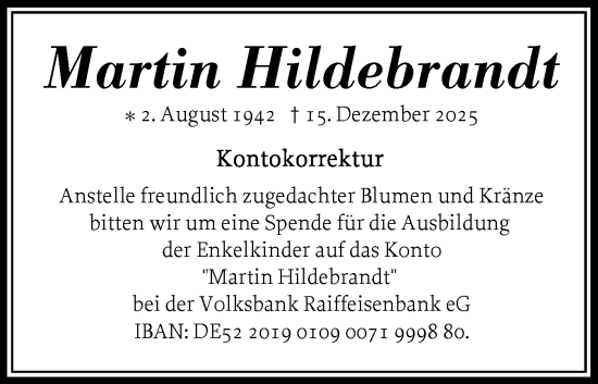 Traueranzeige von Martin Hildebrandt von Norddeutsche Rundschau, Wilstersche Zeitung, Glückstädter Fortuna