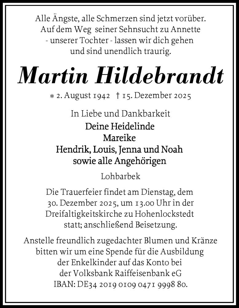  Traueranzeige für Martin Hildebrandt vom 20.12.2025 aus Norddeutsche Rundschau, Wilstersche Zeitung, Glückstädter Fortuna