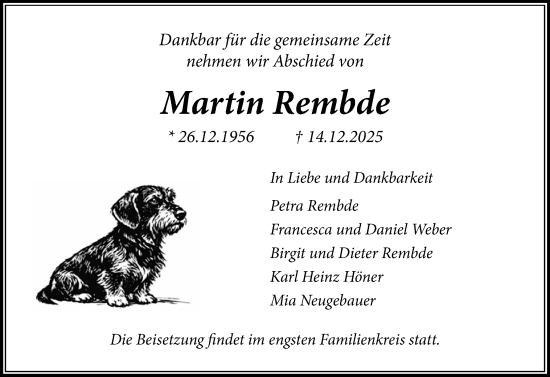 Traueranzeige von Martin Rembde von Husumer Nachrichten, Nordfriesland Tageblatt