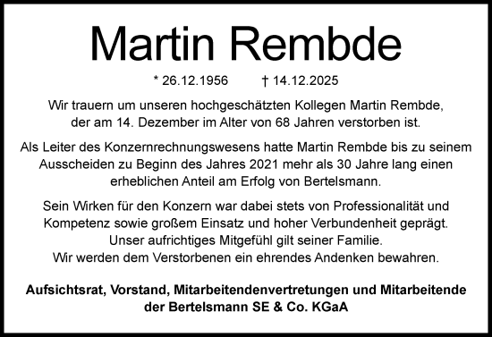 Traueranzeige von Martin Rembde von Husumer Nachrichten, Nordfriesland Tageblatt