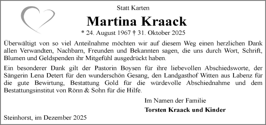 Traueranzeige von Martina Kraack von MARKT Bad Oldesloe/Reinfeld, MARKT Ahrensburg/Bargteheide/Trittau und Stormarner Tageblatt