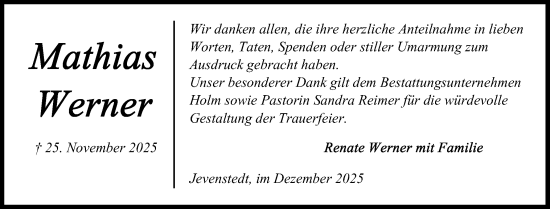 Traueranzeige von Mathias Werner von Schleswig-Holsteinische Landeszeitung