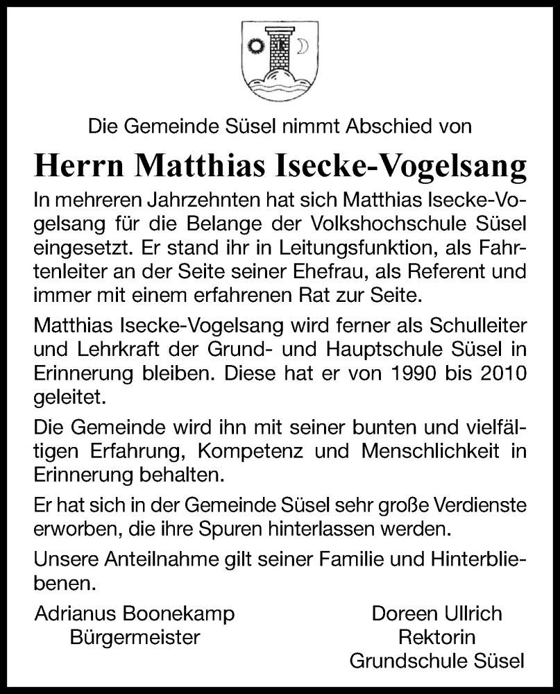  Traueranzeige für Matthias Isecke-Vogelsang vom 04.12.2025 aus Ostholsteiner Anzeiger