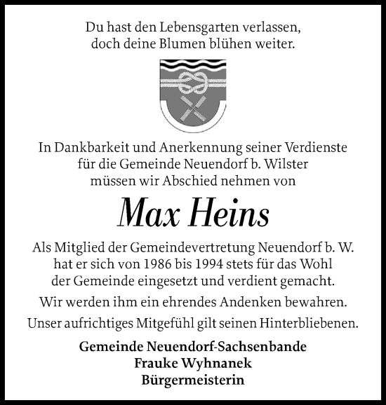 Traueranzeige von Max Heins von Norddeutsche Rundschau, Wilstersche Zeitung, Glückstädter Fortuna
