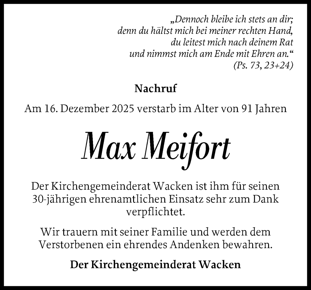  Traueranzeige für Max Meifort vom 27.12.2025 aus Norddeutsche Rundschau, Wilstersche Zeitung, Glückstädter Fortuna