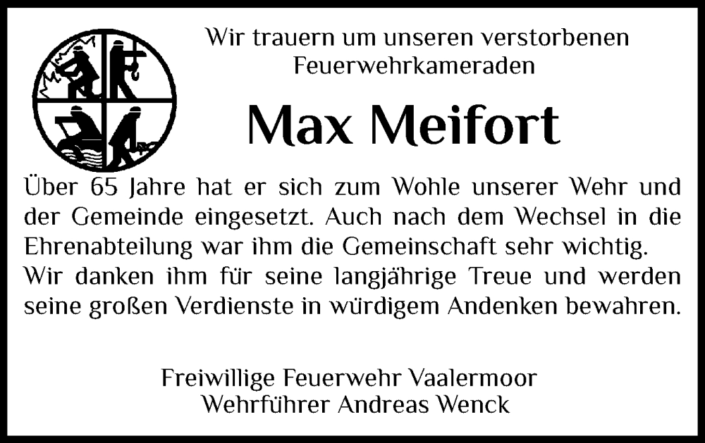  Traueranzeige für Max Meifort vom 27.12.2025 aus Norddeutsche Rundschau, Wilstersche Zeitung, Glückstädter Fortuna