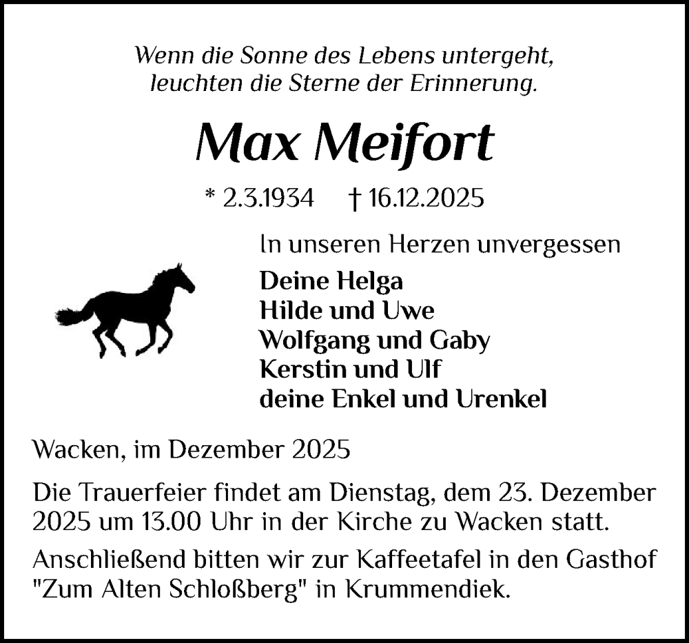  Traueranzeige für Max Meifort vom 20.12.2025 aus Norddeutsche Rundschau, Wilstersche Zeitung, Glückstädter Fortuna