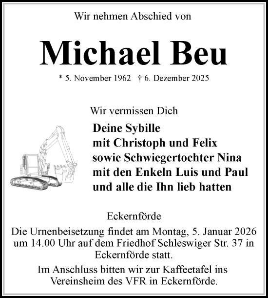 Traueranzeige von Michael Beu von Eckernförder Zeitung, Hallo Eckernförde