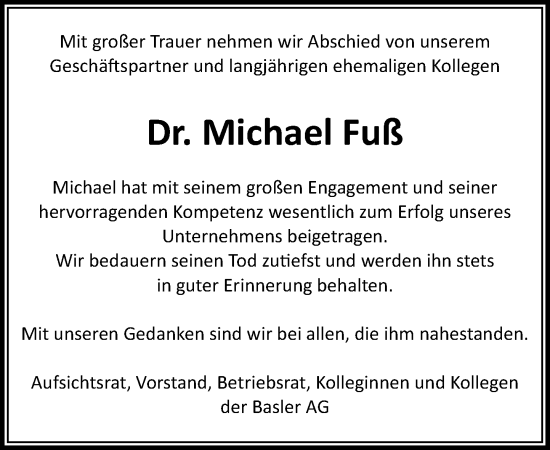 Traueranzeige von Michael Fuß von MARKT Ahrensburg/Bargteheide/Trittau und Stormarner Tageblatt