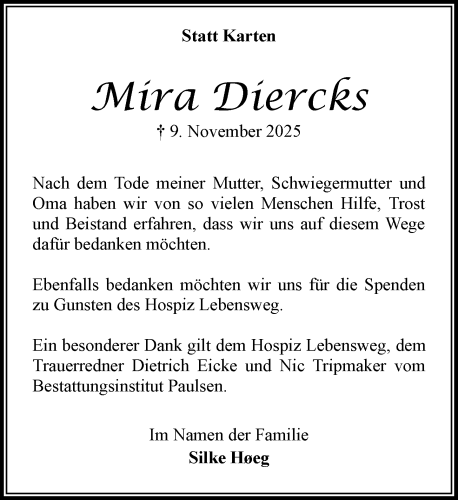  Traueranzeige für Mira Diercks vom 20.12.2025 aus MARKT Bad Oldesloe/Reinfeld und Stormarner Tageblatt