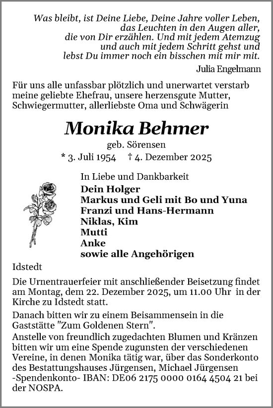 Traueranzeige von Monika Behmer von Schleswiger Nachrichten, Schlei-Bote