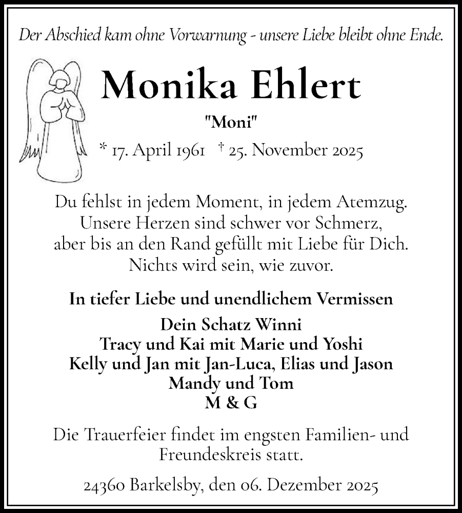  Traueranzeige für Monika Ehlert vom 13.12.2025 aus Eckernförder Zeitung, Hallo Eckernförde