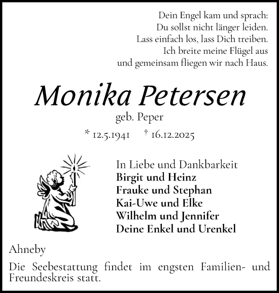 Traueranzeige von Monika Petersen von Flensburger Tageblatt