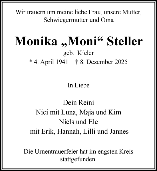 Traueranzeige von Monika Steller von MARKT Ahrensburg/Bargteheide/Trittau und Stormarner Tageblatt