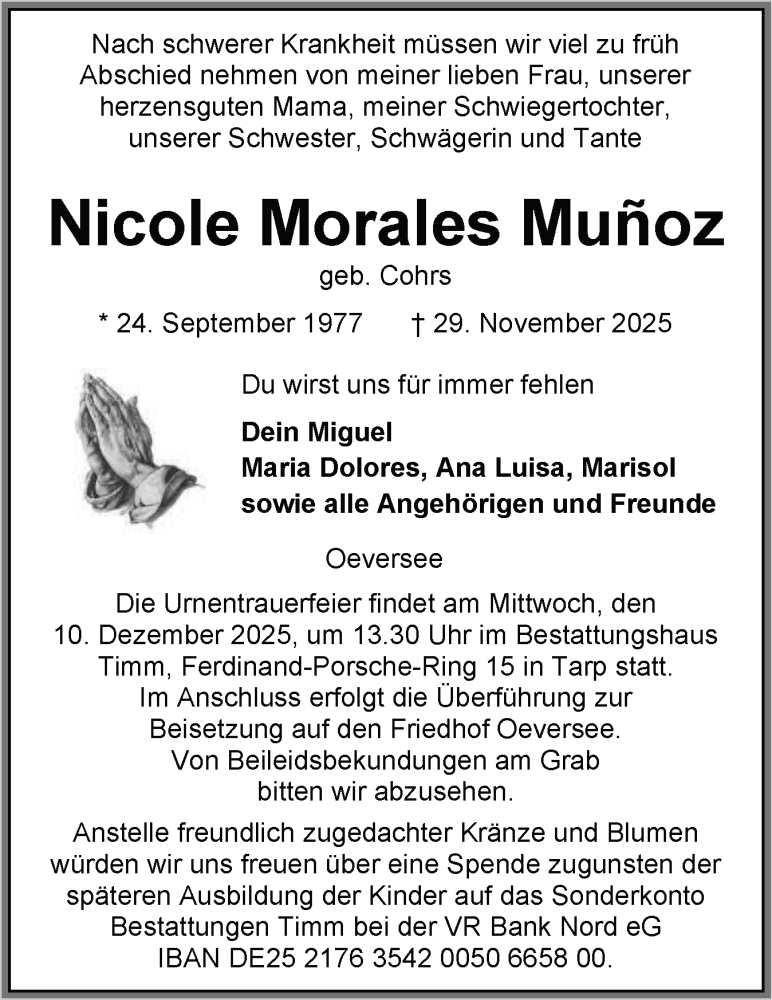  Traueranzeige für Nicole Morales Muñoz vom 06.12.2025 aus Flensburger Tageblatt