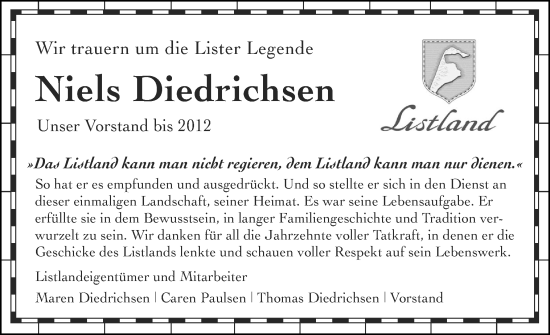 Traueranzeige von Niels Diedrichsen von Sylter Rundschau