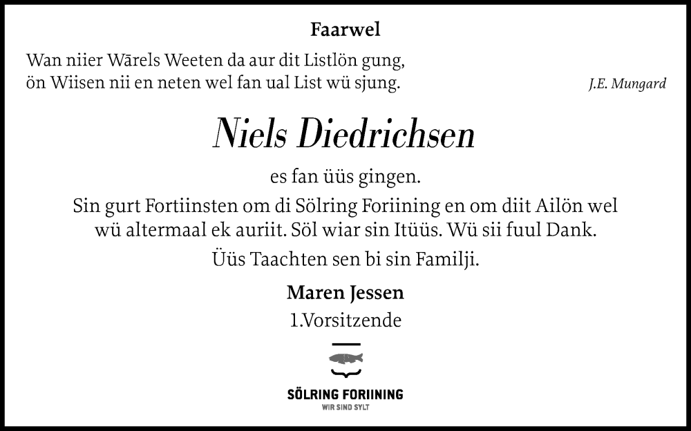  Traueranzeige für Niels Diedrichsen vom 13.12.2025 aus Sylter Rundschau