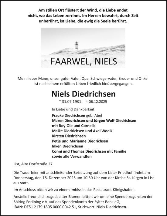 Traueranzeige von Niels Diedrichsen von Sylter Rundschau