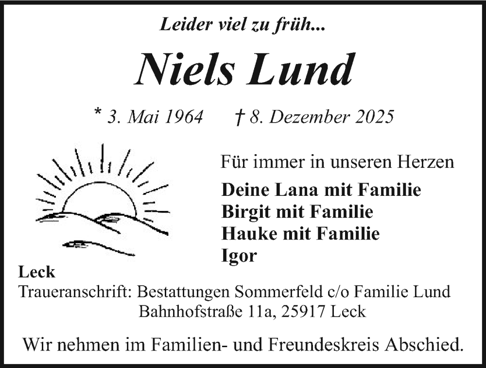  Traueranzeige für Niels Lund vom 13.12.2025 aus Husumer Nachrichten, Nordfriesland Tageblatt