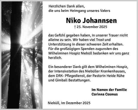 Traueranzeige von Niko Johannsen von Husumer Nachrichten, Nordfriesland Tageblatt