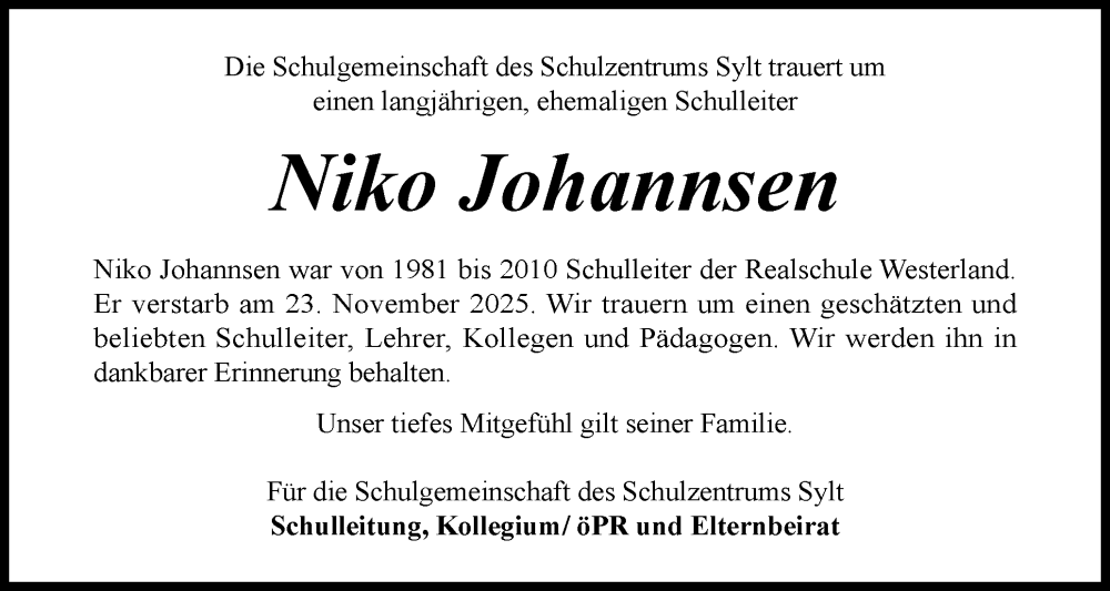  Traueranzeige für Niko Johannsen vom 12.12.2025 aus Sylter Rundschau