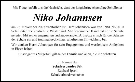 Traueranzeige von Niko Johannsen von Sylter Rundschau