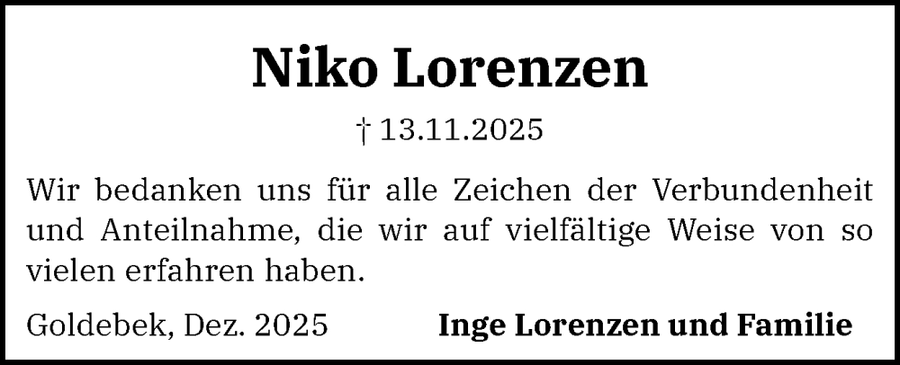  Traueranzeige für Niko Lorenzen vom 20.12.2025 aus Region Flensburg
