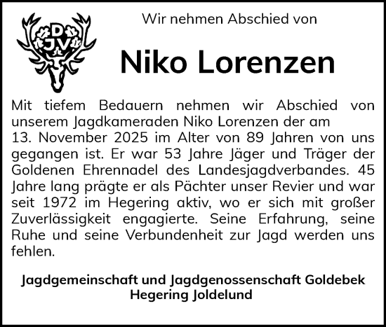 Traueranzeige von Niko Lorenzen von Husumer Nachrichten, Nordfriesland Tageblatt