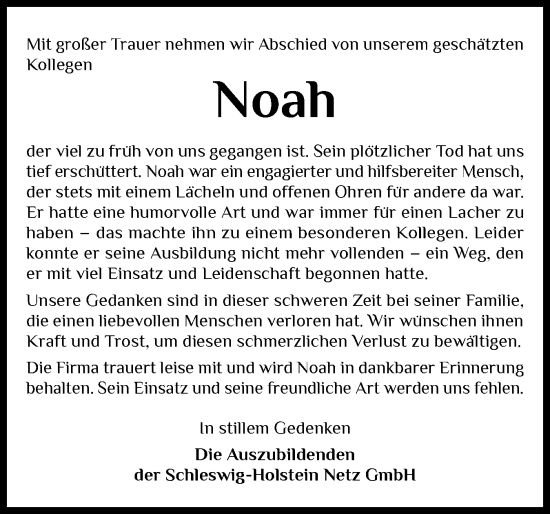 Traueranzeige von Noah  von Eckernförder Zeitung, Hallo Eckernförde