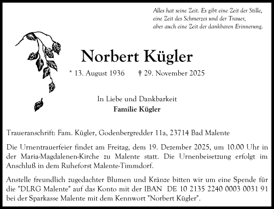 Traueranzeige von Norbert Kügler von Ostholsteiner Anzeiger