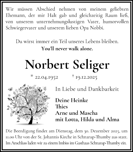 Traueranzeige von Norbert Seliger von Flensburger Tageblatt, Schleswiger Nachrichten, Schlei-Bote