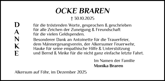 Traueranzeige von Ocke Braren von Der Insel-Bote