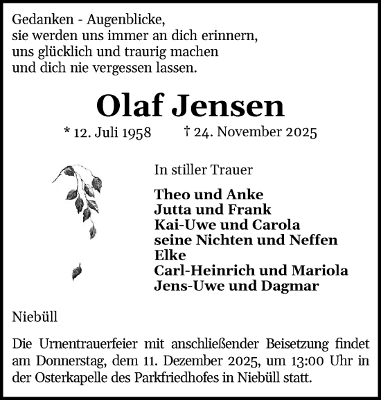 Traueranzeige von Olaf Jensen von Husumer Nachrichten, Nordfriesland Tageblatt