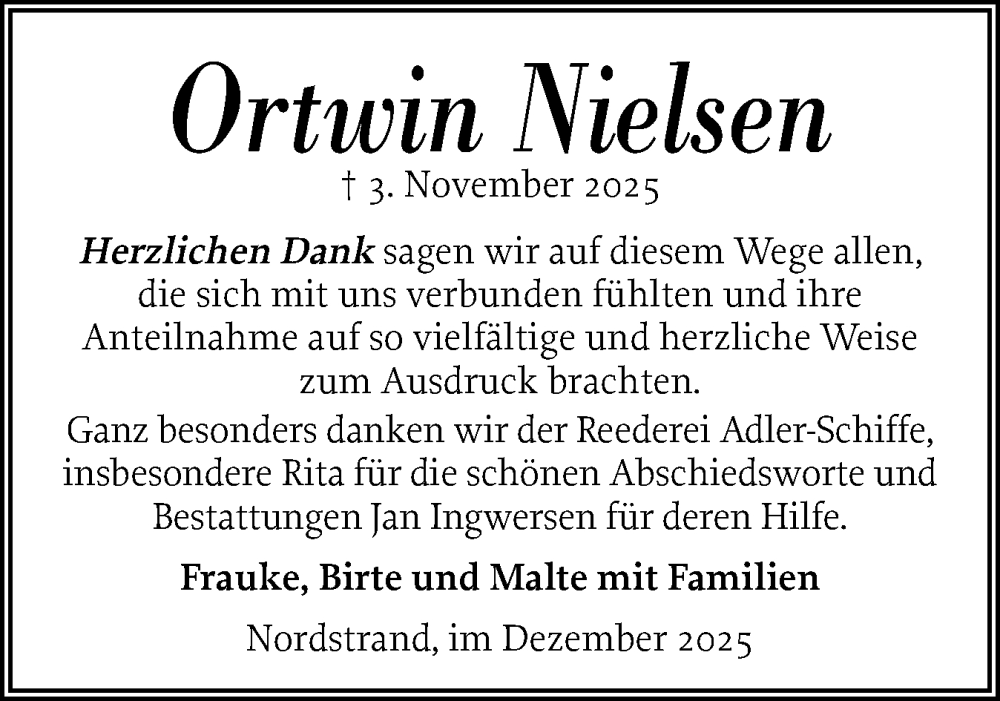  Traueranzeige für Ortwin Nielsen vom 17.12.2025 aus Husumer Nachrichten, Nordfriesland Tageblatt