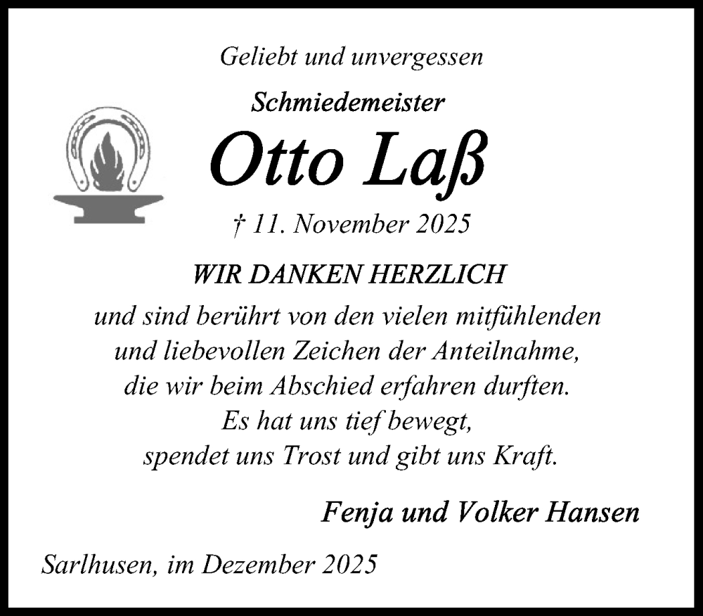  Traueranzeige für Otto Laß vom 13.12.2025 aus Eckernförder Zeitung, Hallo Eckernförde