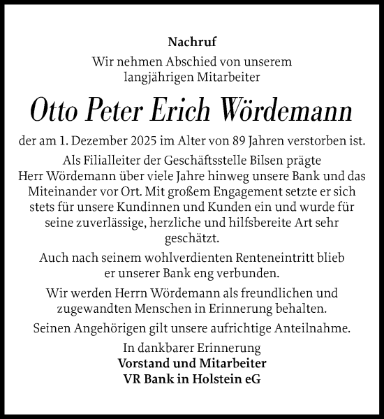 Traueranzeige von Otto Peter Erich Wördemann von Umschau