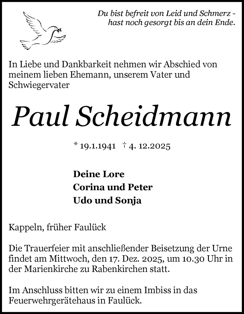  Traueranzeige für Paul Scheidmann vom 12.12.2025 aus Schleswiger Nachrichten, Schlei-Bote