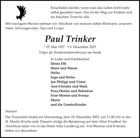 Traueranzeige von Paul Trinker von Schleswig-Holsteinische Landeszeitung