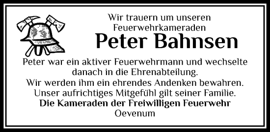 Traueranzeige von Peter Bahnsen von Der Insel-Bote