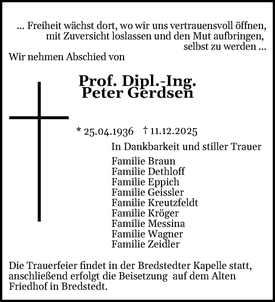 Traueranzeige von Peter Gerdsen von Husumer Nachrichten, Nordfriesland Tageblatt