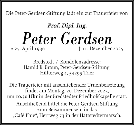 Traueranzeige von Peter Gerdsen von Husumer Nachrichten, Nordfriesland Tageblatt