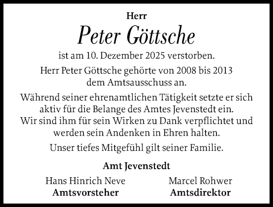 Traueranzeige von Peter Göttsche von Schleswig-Holsteinische Landeszeitung