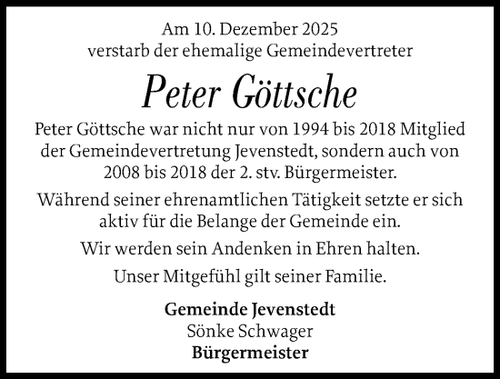 Traueranzeige von Peter Göttsche von Schleswig-Holsteinische Landeszeitung